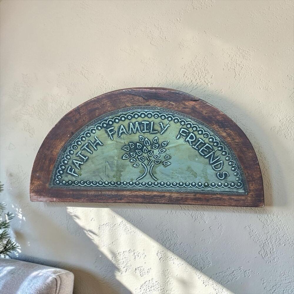 Vtg Metal & Wood Plaque Wall Decor Faith Family Friends Tree Rustic Distressed